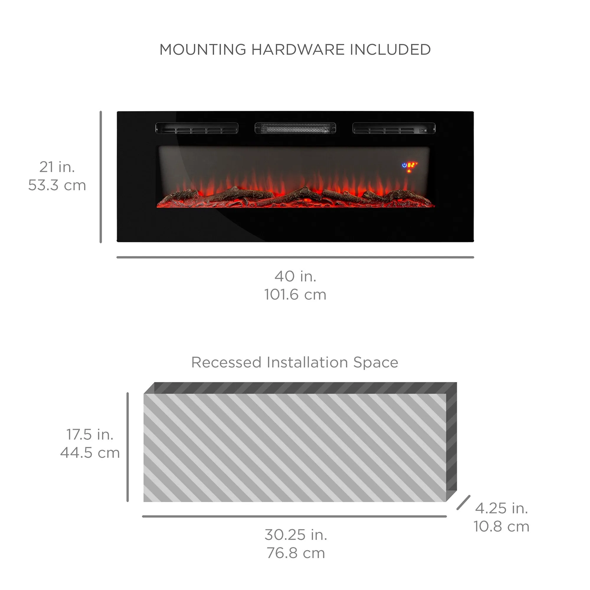 1500W Electric Fireplace Recessed and Wall Mounted w/ Remote, Logs, Crystals