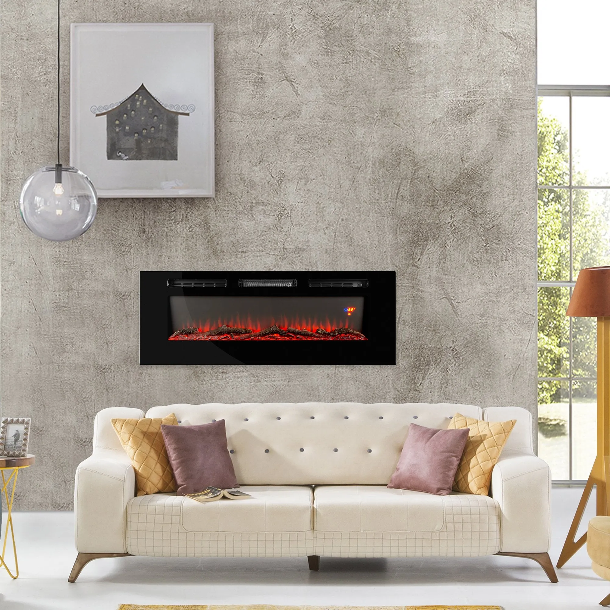 1500W Electric Fireplace Recessed and Wall Mounted w/ Remote, Logs, Crystals