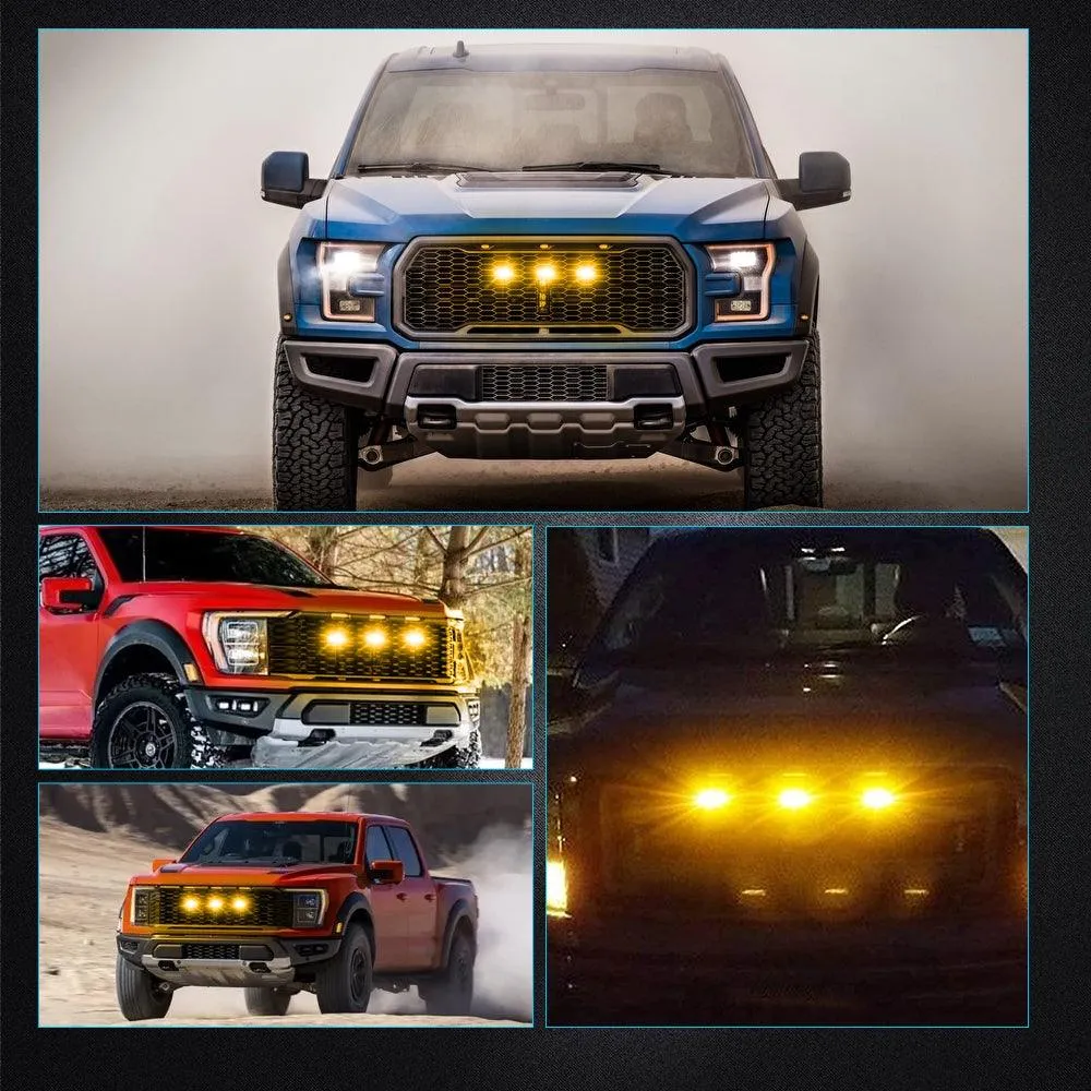 (3pcs/set)  LED Front Grille Lights Raptor Style Amber Light Universal Car Modification (Amber shell/ Smoked shell）