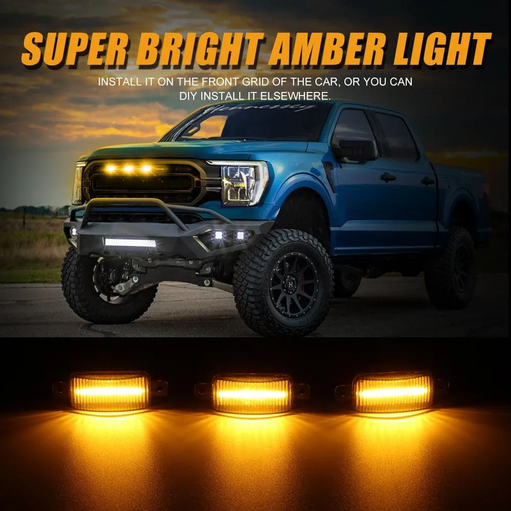 (3pcs/set)  LED Front Grille Lights Raptor Style Amber Light Universal Car Modification (Amber shell/ Smoked shell）