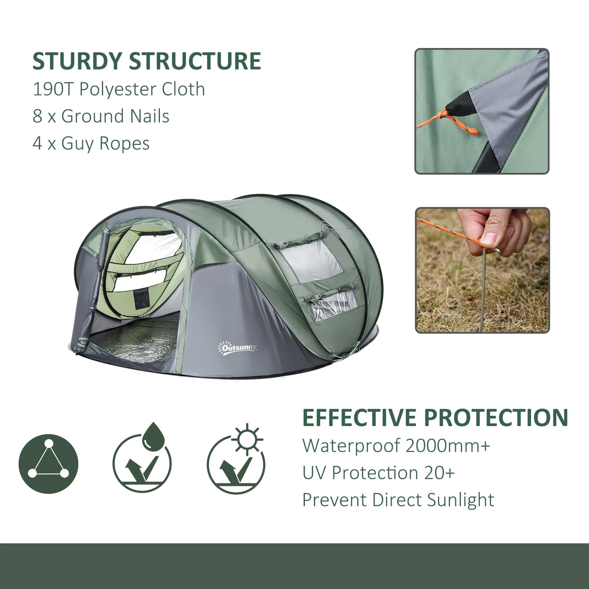 4-5 Person Pop-up Camping Tent Waterproof Family Tent w/ 2 Mesh Windows & PVC Windows Portable Carry Bag for Outdoor Trip Dark Green