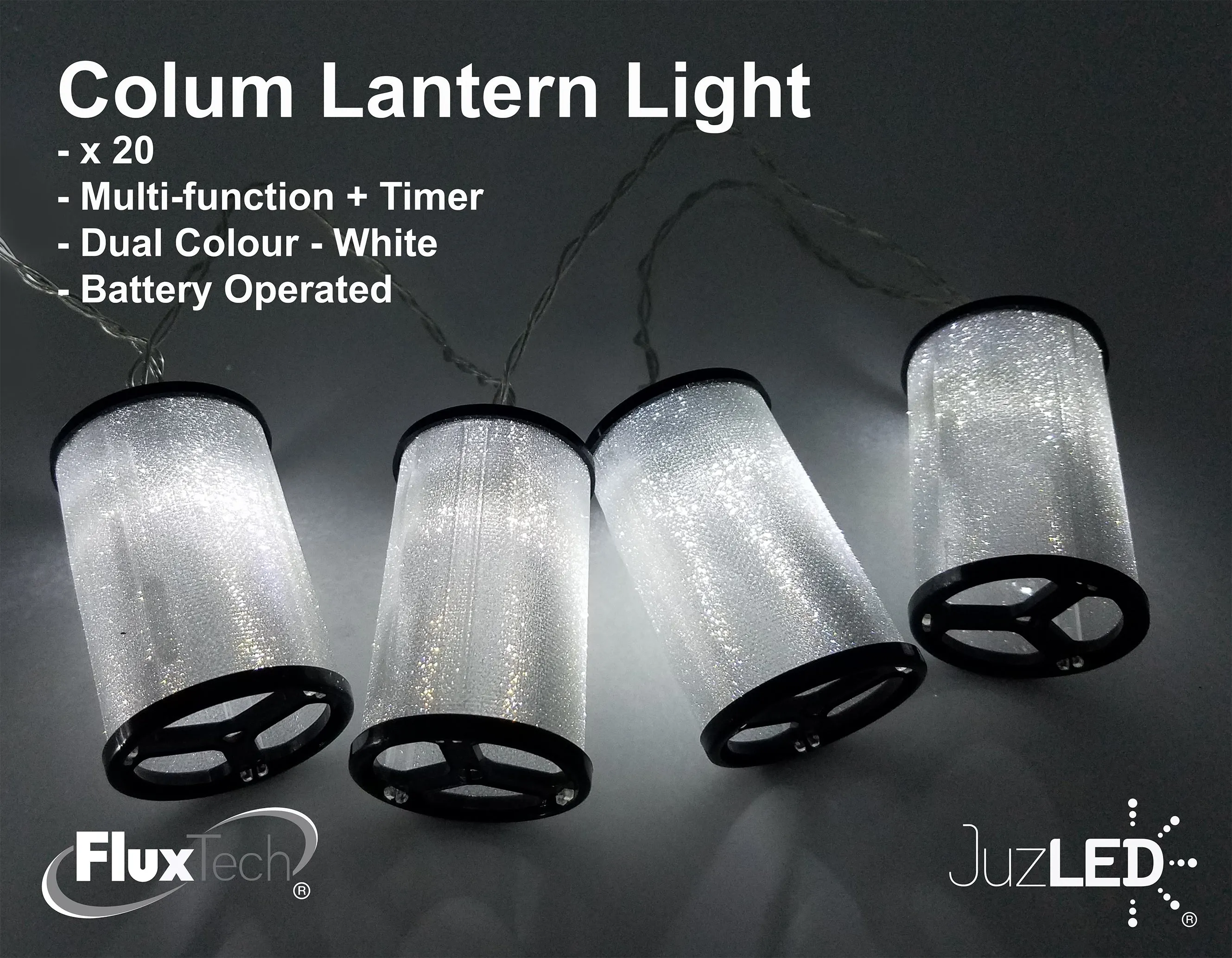 FluxTech - Colum Lantern 20 x Dual Colour LED String Lights by JustLED – Multi-function Effect – Timer function - Battery Operated