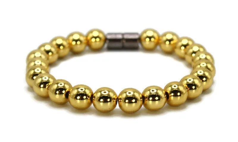 Gold Bracelet for Men/Women with Magnet Clasp. 18k Gold Plated Copper Bead Bracelet 8mm Diameter 6-9 inch length.