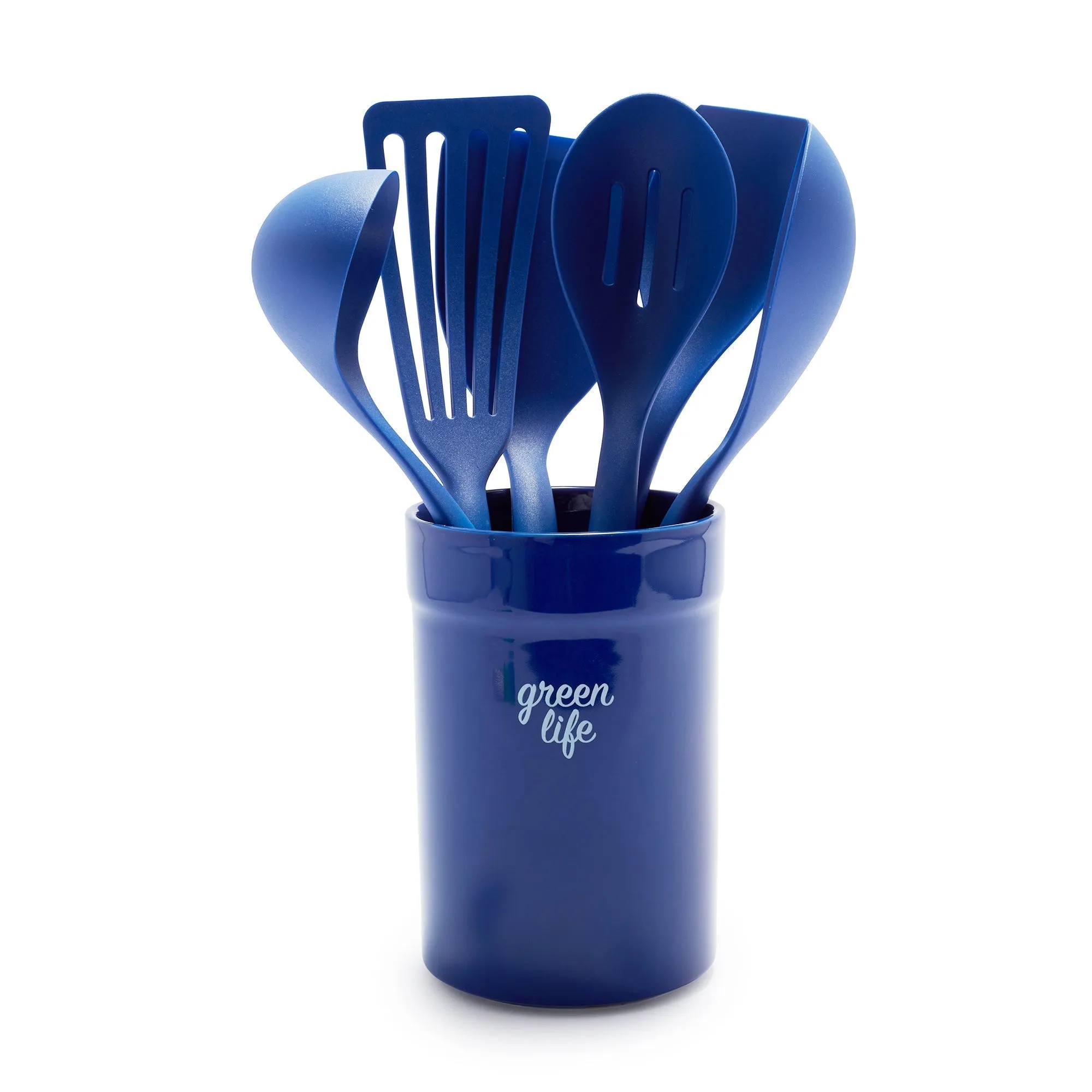 GreenLife Nylon & Wood Cooking Utensils with Ceramic Crock, 7-Piece Set | Blue