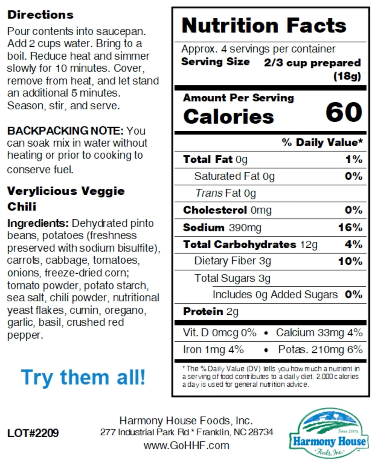 Harmony House Verylicious Veggie Chili (2.5 oz)