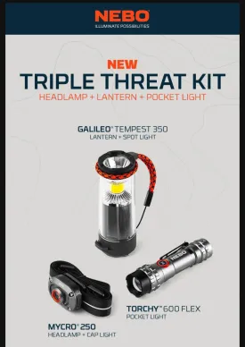 Nebo Triple Threat Kit Mycro Headlamp 250 Lumens Galileo Lantern 350 Lumens Torchy 600 Flex Pocket Light 600 Lumens