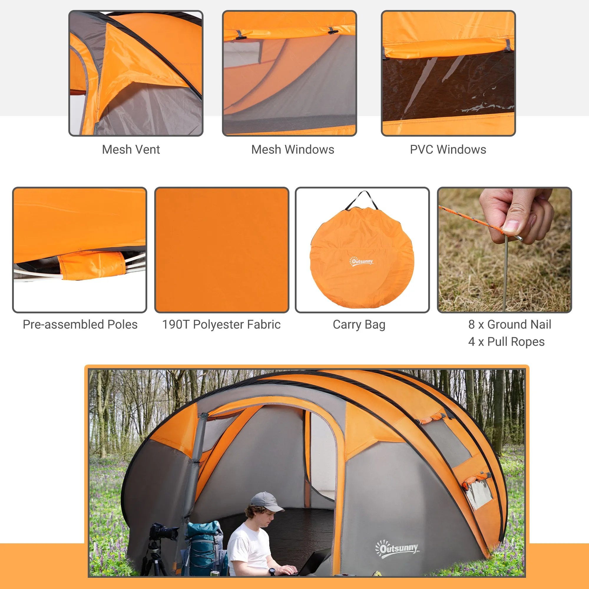 Outsunny 4-5 Person Pop-up Camping Tent Waterproof Family Tent w/ 2 Mesh Windows & PVC Windows Portable Carry Bag for Outdoor Trip Orange