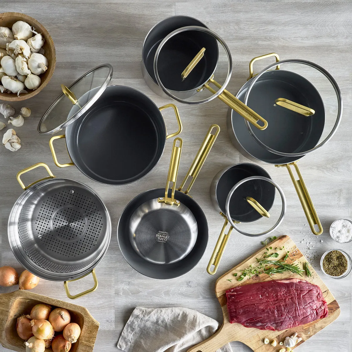 Stanley Tucci™ Stainless Steel Ceramic Nonstick 15-Piece Cookware Set with The Tucci Cookbook